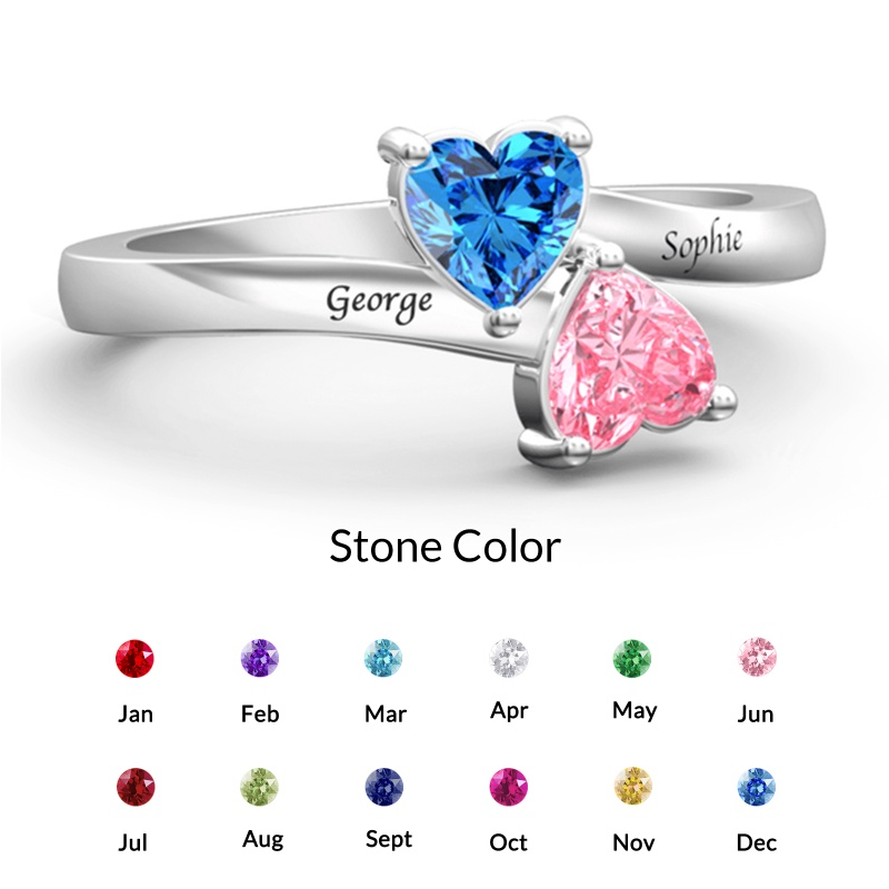 Engraved double sales heart birthstone ring