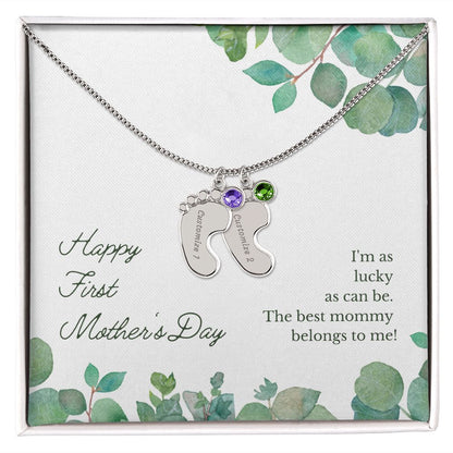 Mom to Be: Personalized Engraved Baby Feet Necklace With Birthstones