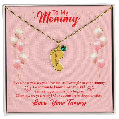 Mom to Be: Personalized Engraved Baby Feet Necklace With Birthstones